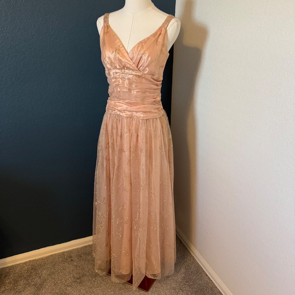 Vintage Fairycore Prom Jessica McClintock Gunne Sax Dress 9/10 Peach Pink Gold